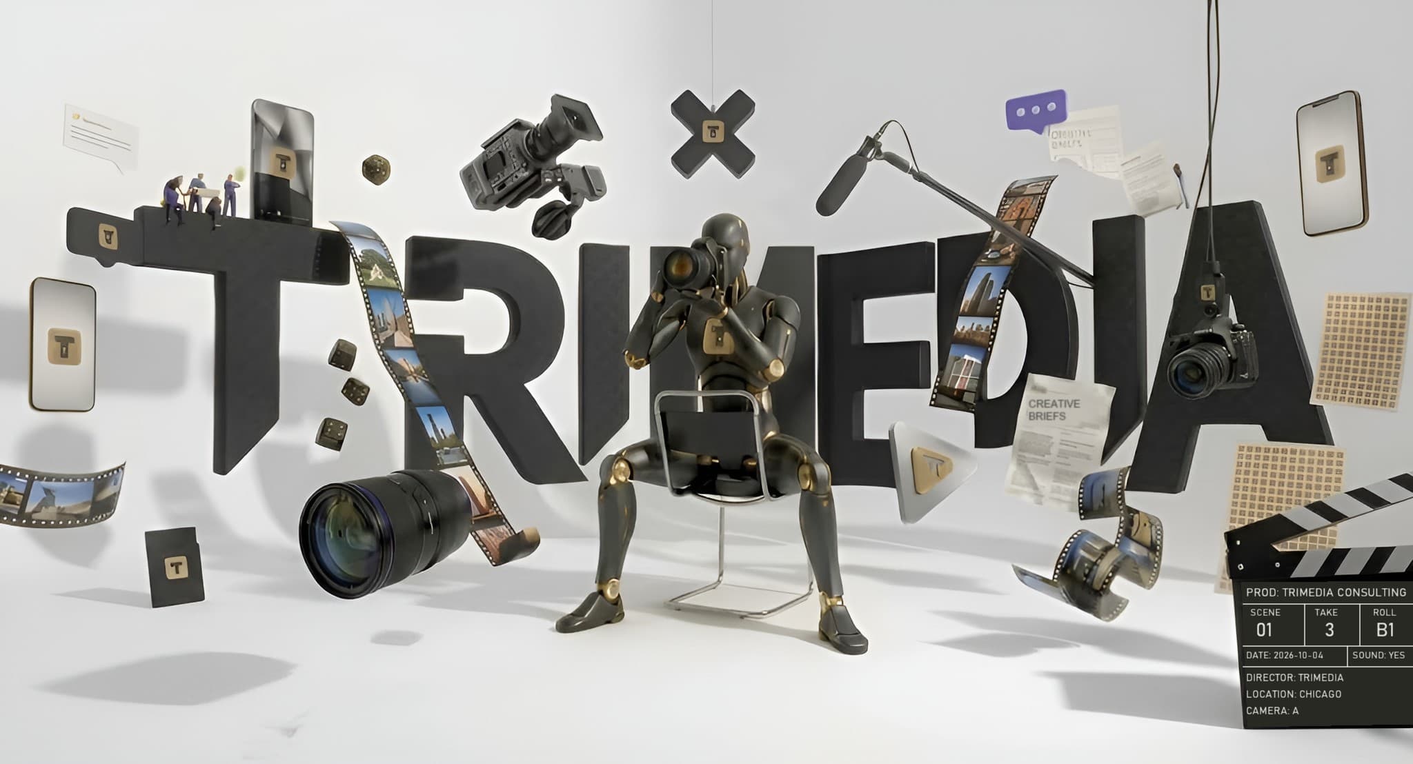 The Trimedia studio: giant TRIMEDIA lettering surrounded by cameras, film strips and phones, with a gold-jointed figure photographing at the center